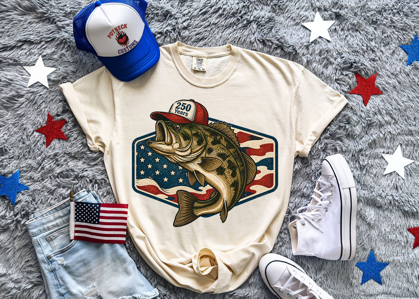 250 Years Bass Fishing Patriotic Youth T-Shirt | America 250 Anniversary Fishing Shirt | 1776–2026 USA Angler Tee