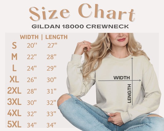 Size chart for Gildan 18000 Crewneck sweatshirt with a model wearing the sweatshirt.