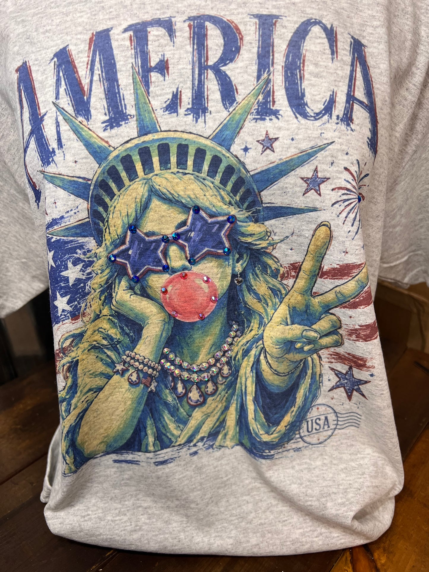 Patriotic Statue of Liberty Graphic Tee | Rhinestone America Shirt | Fourth of July Sparkle Top | USA Peace Sign T-Shirt | Vintage Americana