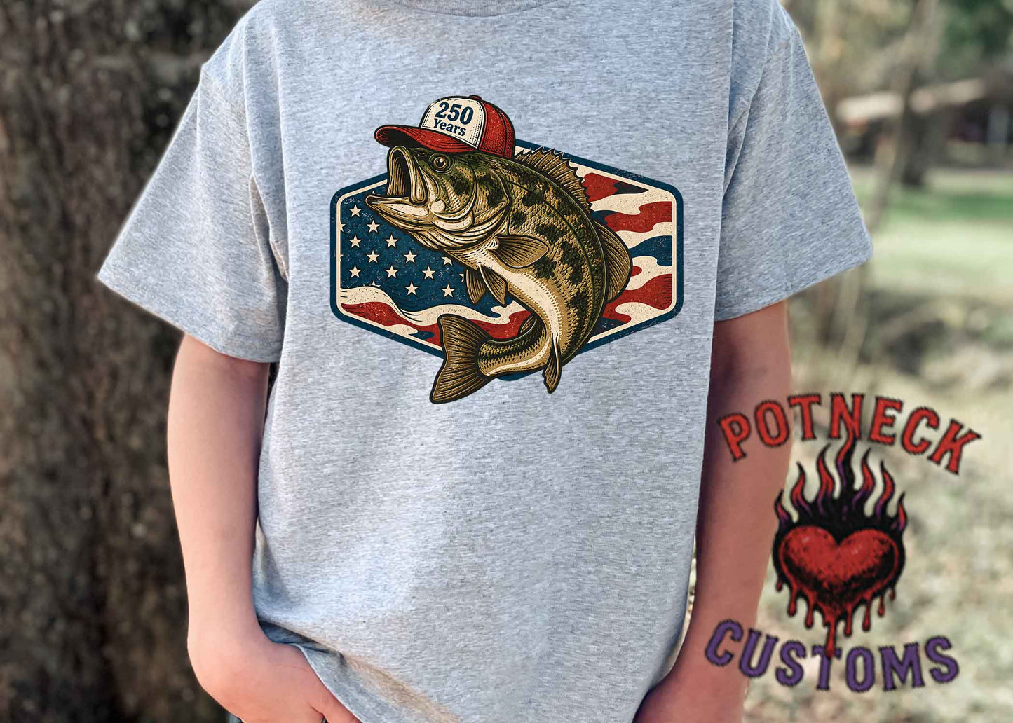 250 Years Bass Fishing Patriotic Youth T-Shirt | America 250 Anniversary Fishing Shirt | 1776–2026 USA Angler Tee
