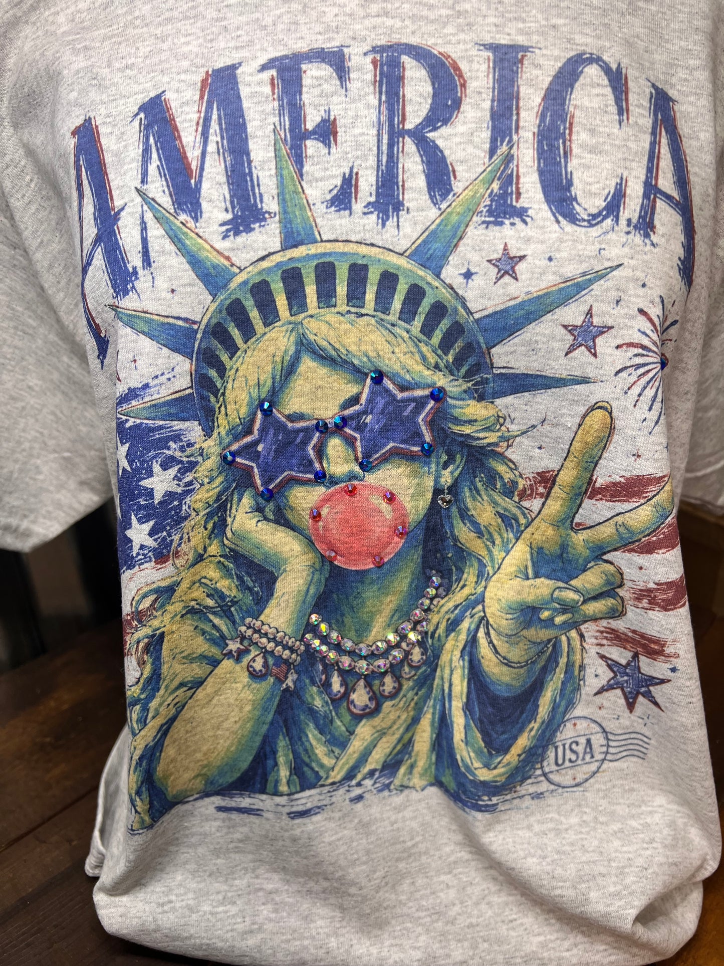Patriotic Statue of Liberty Graphic Tee | Rhinestone America Shirt | Fourth of July Sparkle Top | USA Peace Sign T-Shirt | Vintage Americana
