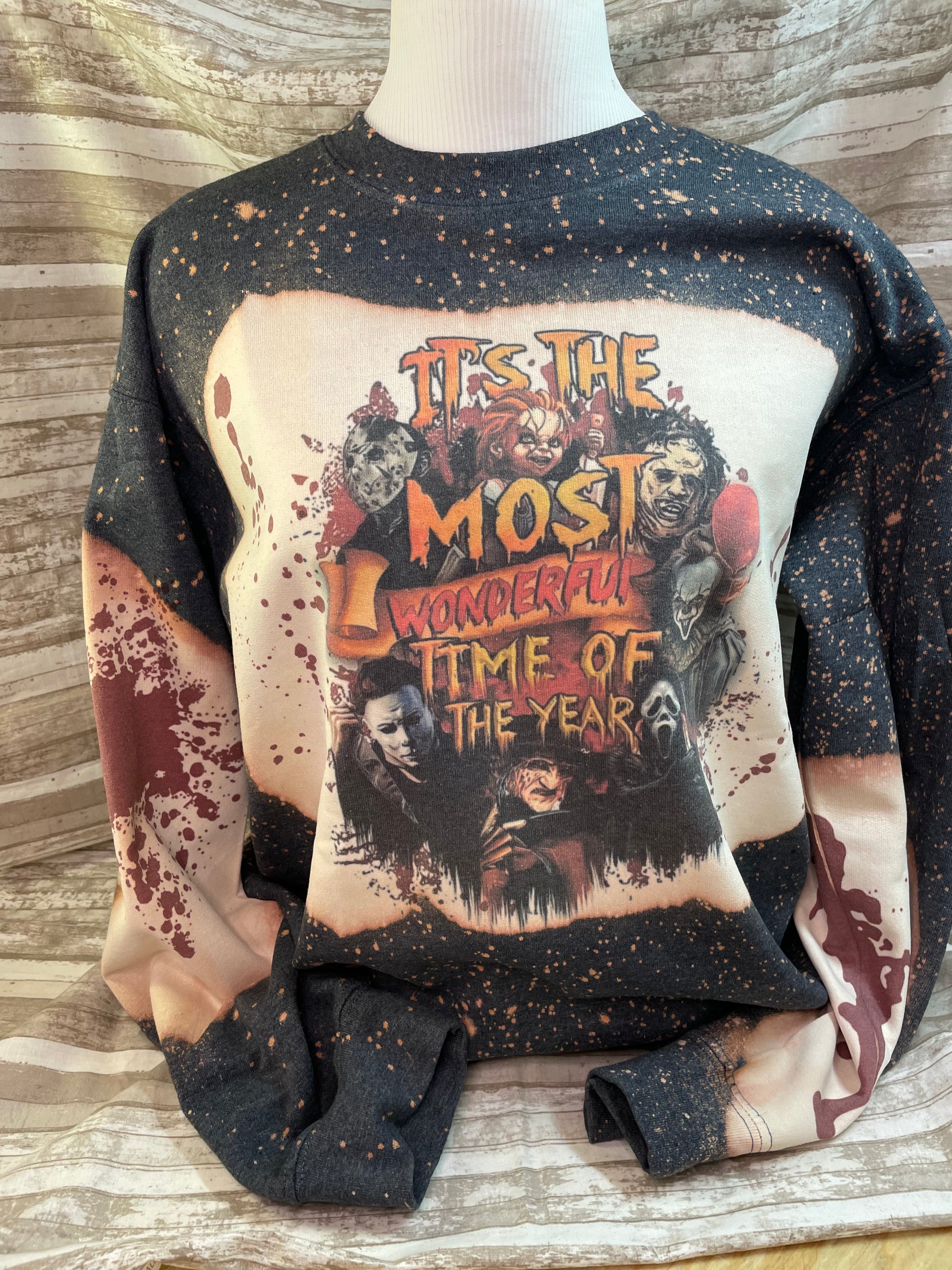 Iconic Halloween movie character bleached sweatshirt. It’s the most wonderful time of the year Halloween sweatshirt. Blood spatter bleached sweatshirt.