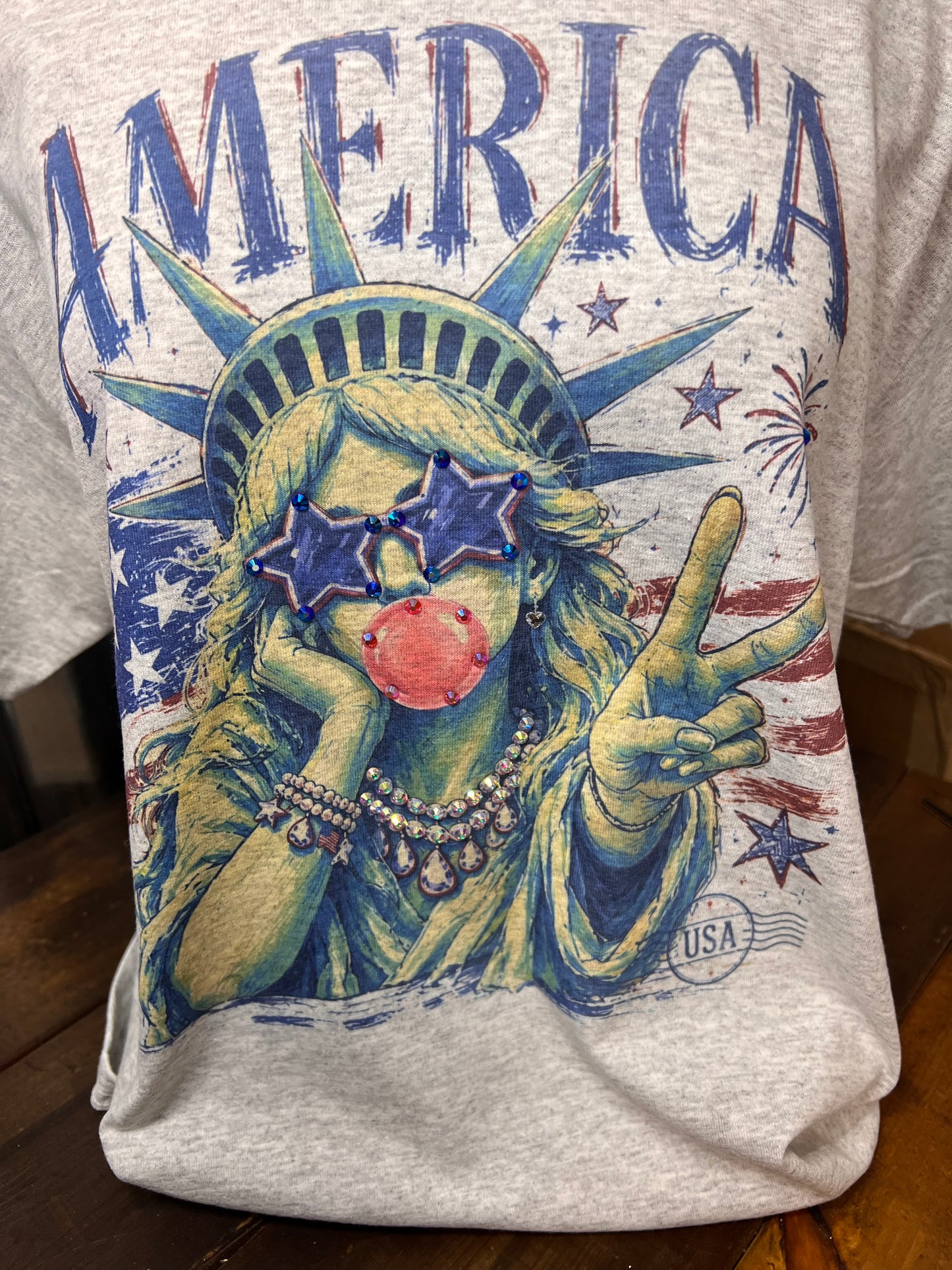 Patriotic Statue of Liberty Graphic Tee | Rhinestone America Shirt | Fourth of July Sparkle Top | USA Peace Sign T-Shirt | Vintage Americana
