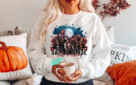 Save a horse ride a cowboy iconic horror characters sweatshirt