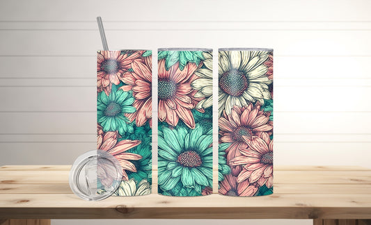 Teal and peach daisy tumbler