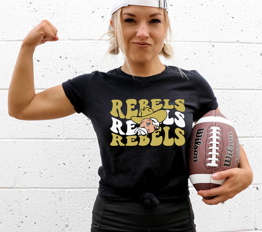 Rebels wave font with mascot head shirt