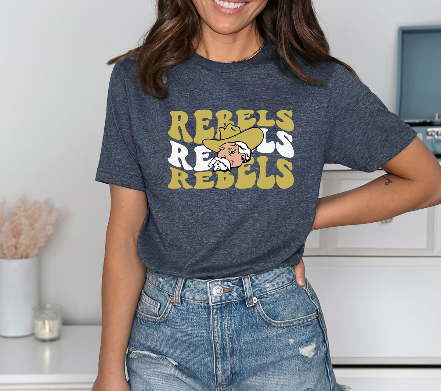 Rebels wave font with mascot head shirt