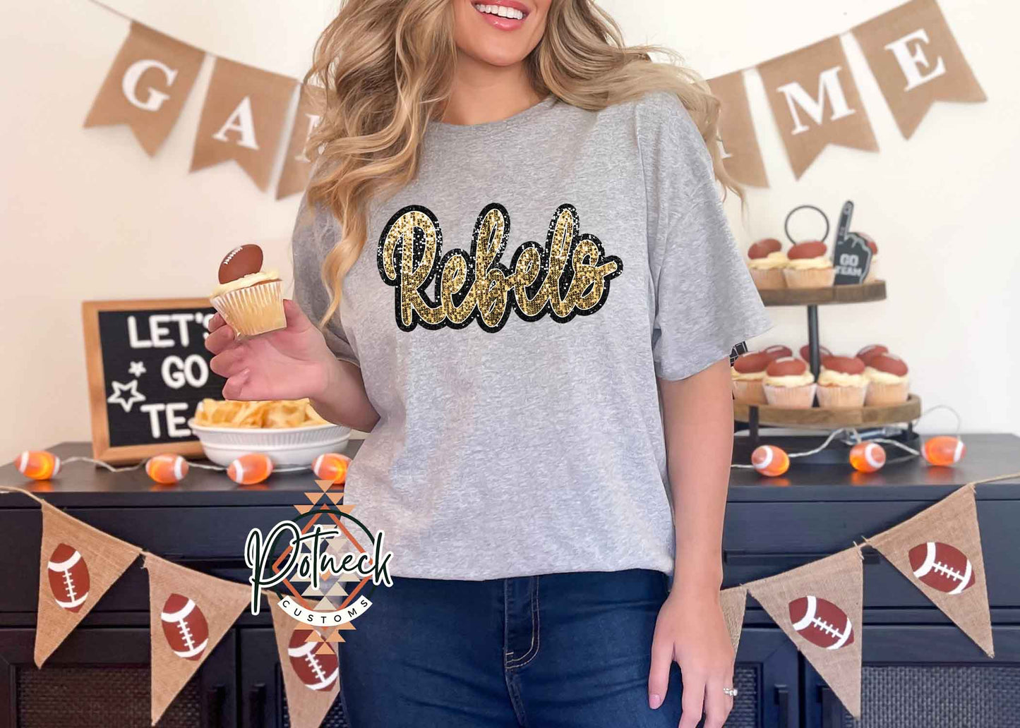 Gold faux sequin glitter Rebels shirt