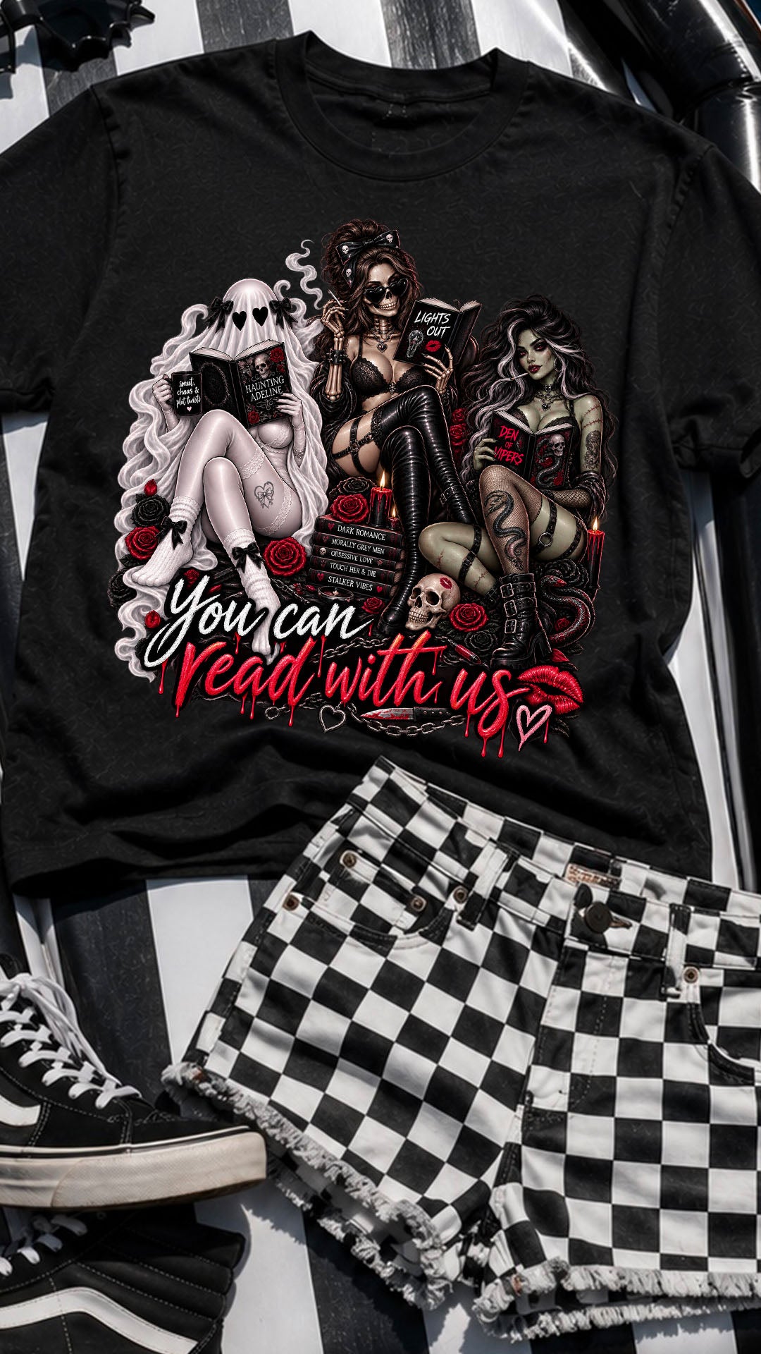 Gothic Book Lover Shirt, You Can Read With Us Tee, Spooky Reader T\-Shirt, Dark Romance Bookish Shirt, Halloween Reading Tee, Goth Book Club Gift