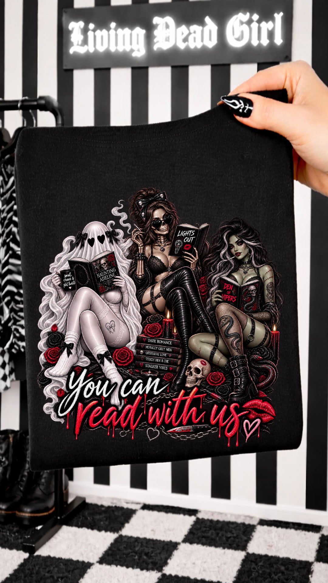 Gothic Book Lover Shirt, You Can Read With Us Tee, Spooky Reader T\-Shirt, Dark Romance Bookish Shirt, Halloween Reading Tee, Goth Book Club Gift