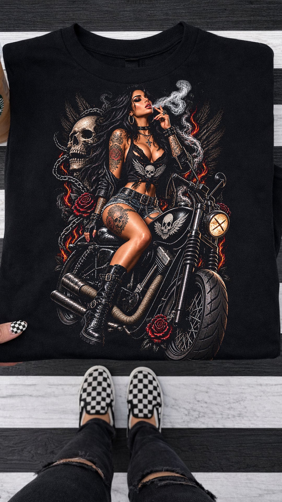 Gothic Biker Girl T-Shirt, Tattooed Motorcycle Woman Graphic Tee, Skull and Roses Shirt, Alternative Rocker Gift, Dark Moto Apparel