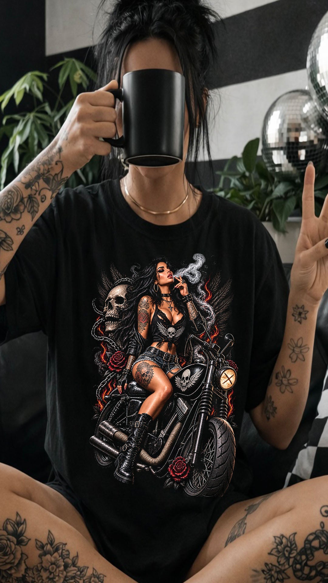 Gothic Biker Girl T-Shirt, Tattooed Motorcycle Woman Graphic Tee, Skull and Roses Shirt, Alternative Rocker Gift, Dark Moto Apparel