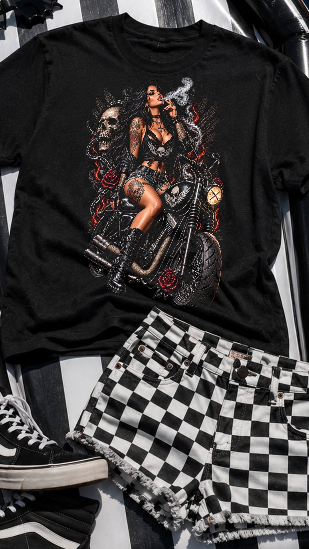 Gothic Biker Girl T-Shirt, Tattooed Motorcycle Woman Graphic Tee, Skull and Roses Shirt, Alternative Rocker Gift, Dark Moto Apparel