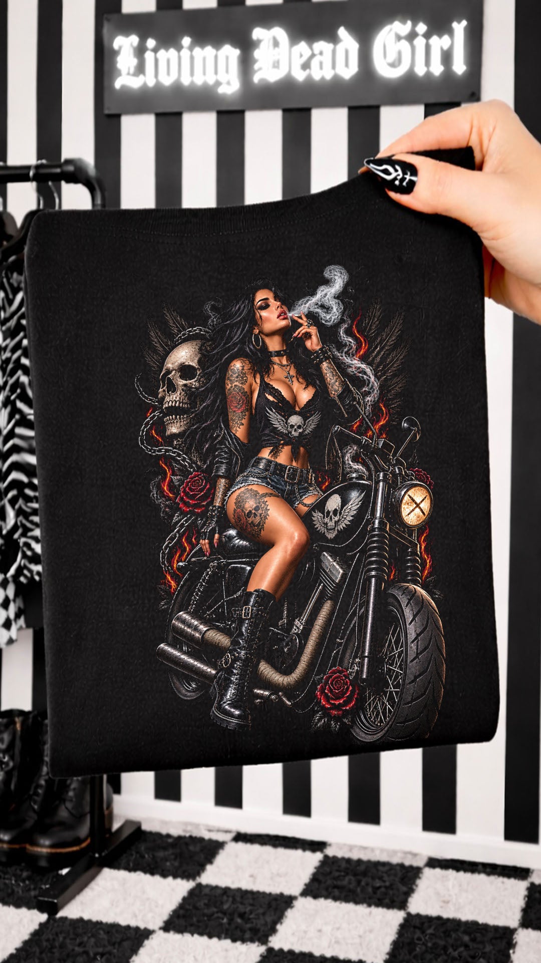 Gothic Biker Girl T-Shirt, Tattooed Motorcycle Woman Graphic Tee, Skull and Roses Shirt, Alternative Rocker Gift, Dark Moto Apparel