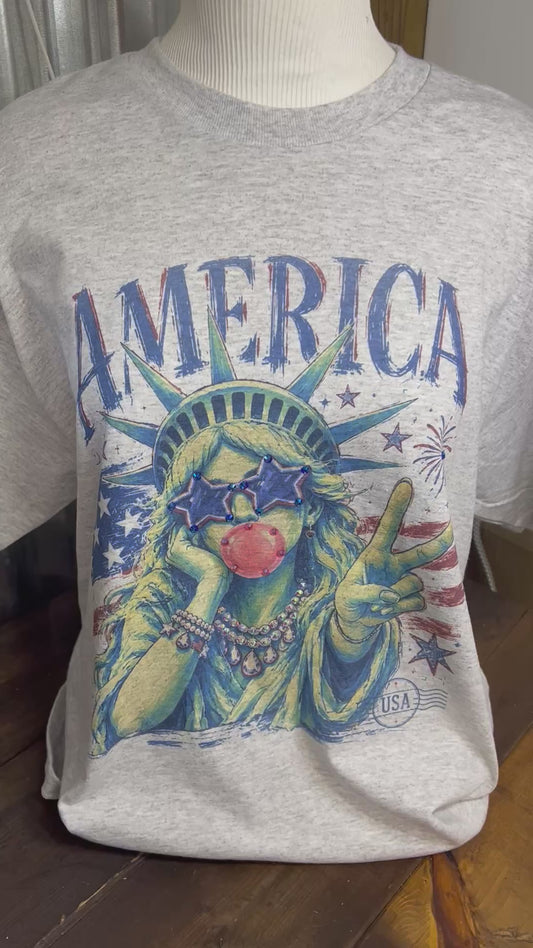Patriotic Statue of Liberty Graphic Tee | Rhinestone America Shirt | Fourth of July Sparkle Top | USA Peace Sign T-Shirt | Vintage Americana